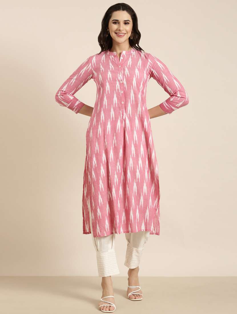 women pink ikat mandarin neck kurta pant set