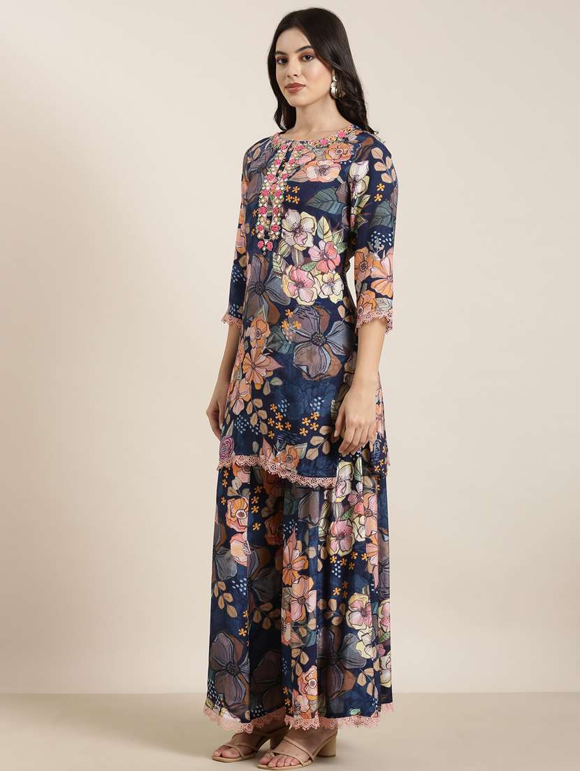 women floral round neck kurta sharara set with dupatta - 20961106 -  Standard Image - 1