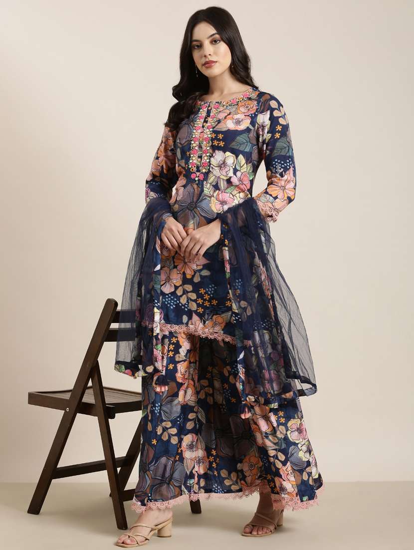 women floral round neck kurta sharara set with dupatta - 20961106 -  Standard Image - 4