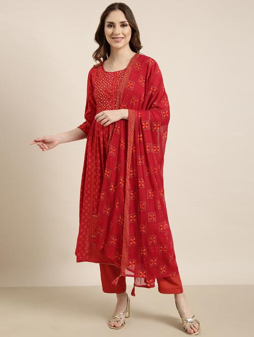women printed round neck kurta pant set with dupatta - 20961144 -  Standard Image - 0