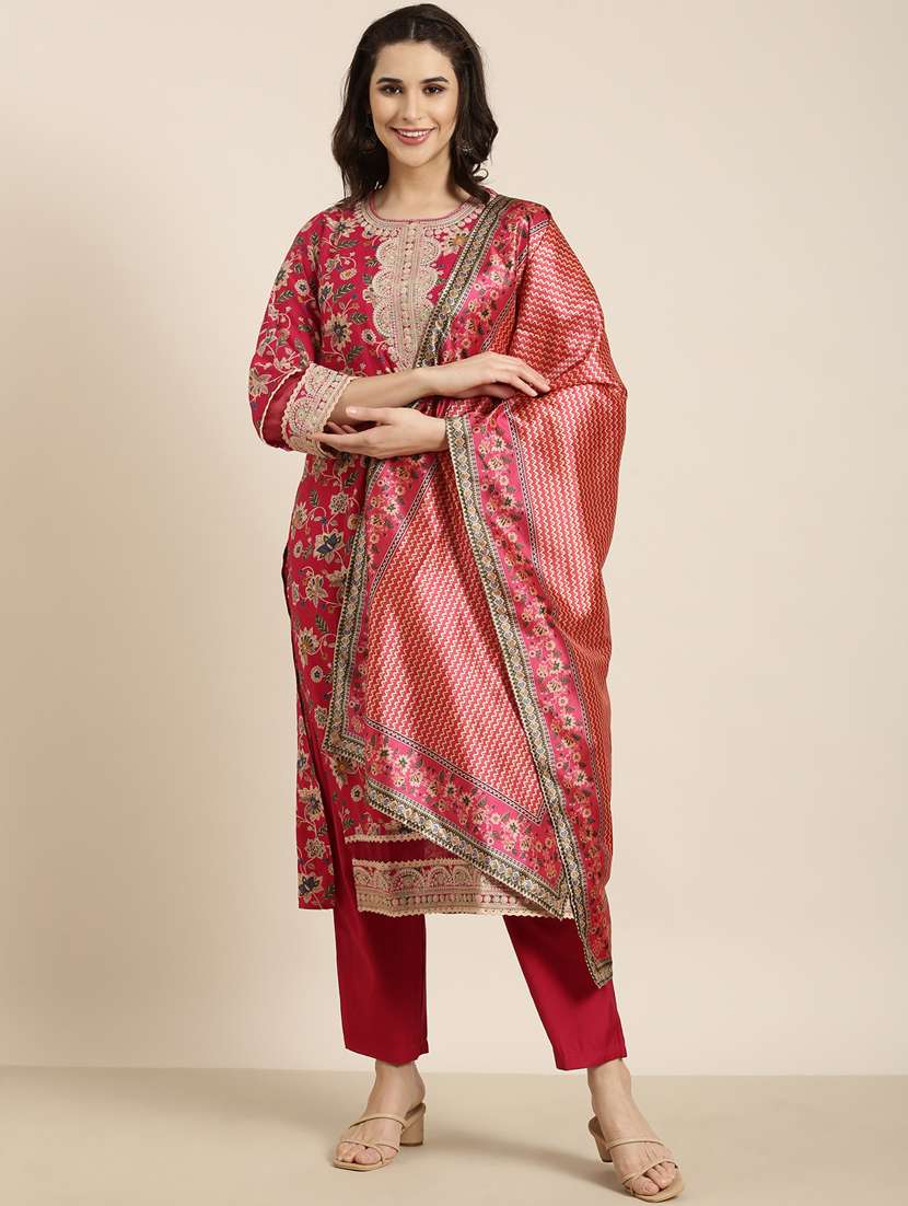women floral round neck kurta pant set with dupatta