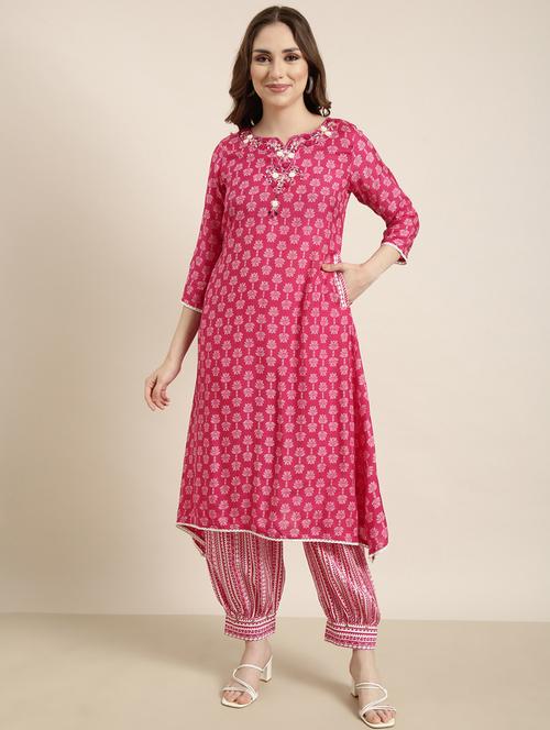 women pink printed mandarin neck kurta salwar set - 20961191 -  Standard Image - 0