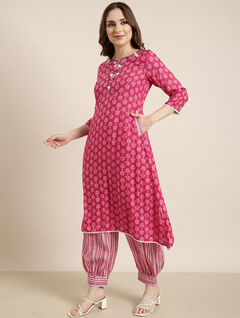 women pink printed mandarin neck kurta salwar set - 20961191 -  Standard Image - 1