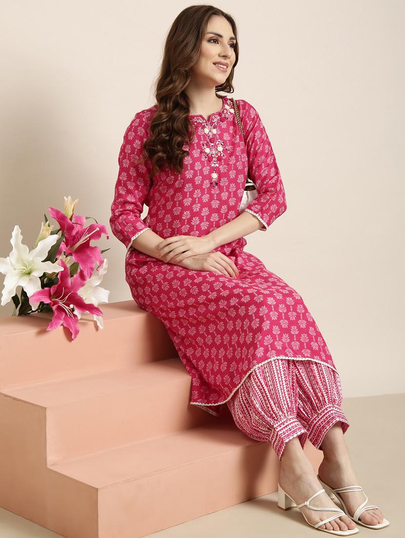 women pink printed mandarin neck kurta salwar set - 20961191 - Standard Image - 4