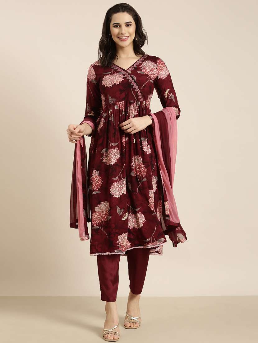 women maroon floral kurta pant set with dupatta - 20961205 -  Standard Image - 1