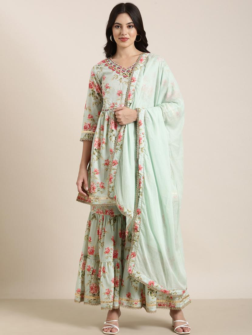 women sea green floral printed kurta sharara set with dupatta - 20961206 - Standard Image - 1
