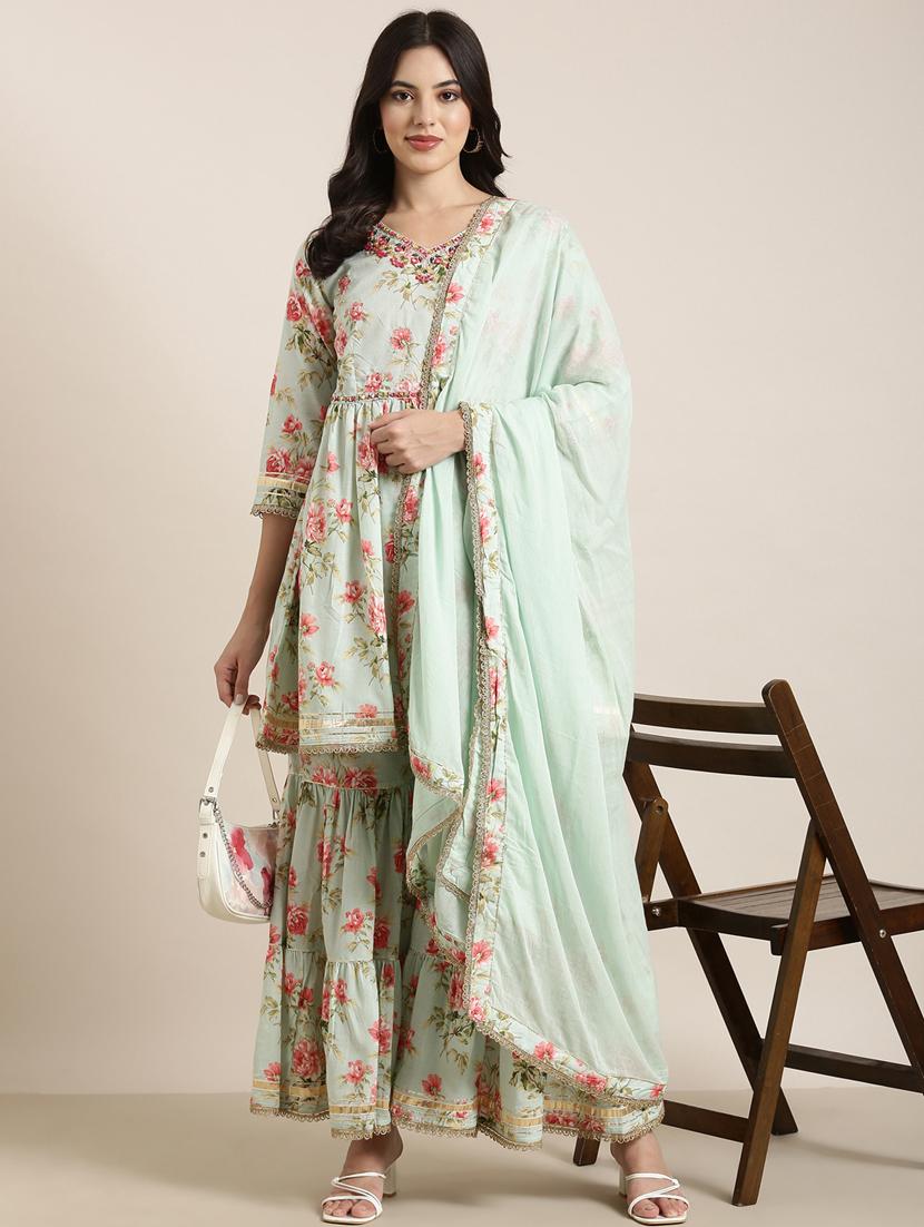 women sea green floral printed kurta sharara set with dupatta - 20961206 - Standard Image - 4