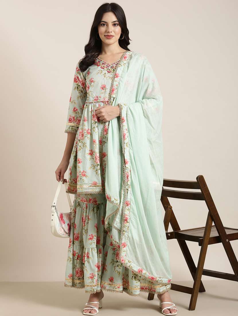 Women Sea Green Floral Printed Kurta Sharara Set With Dupatta