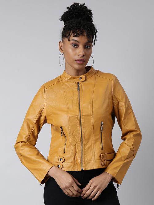 women mustard solid regular fit leather jacket - 20961260 - Standard Image - 0