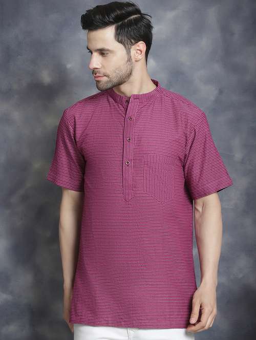 men mandarin neck striped short kurta - 20961269 -  Standard Image - 0