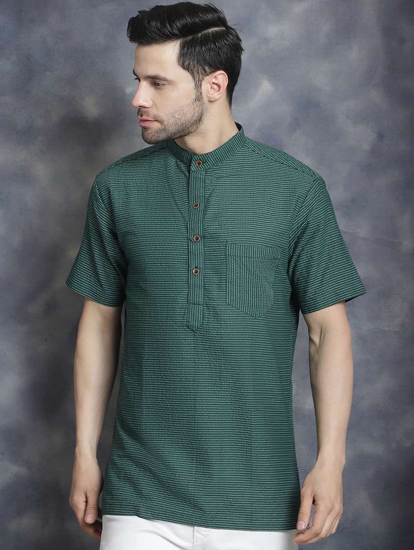 green striped printed detailed short kurta