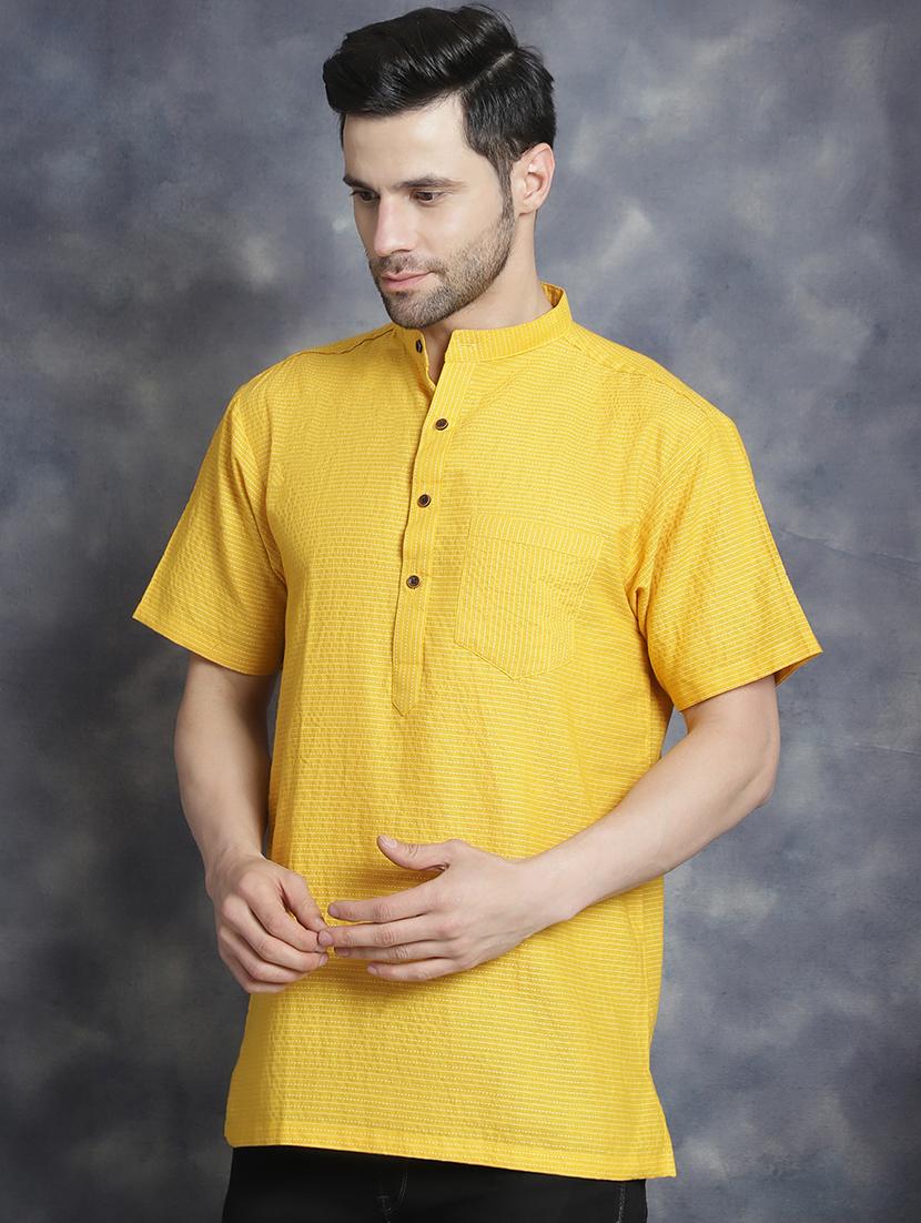 yellow striped printed detailed short kurta - 20961279 -  Standard Image - 1