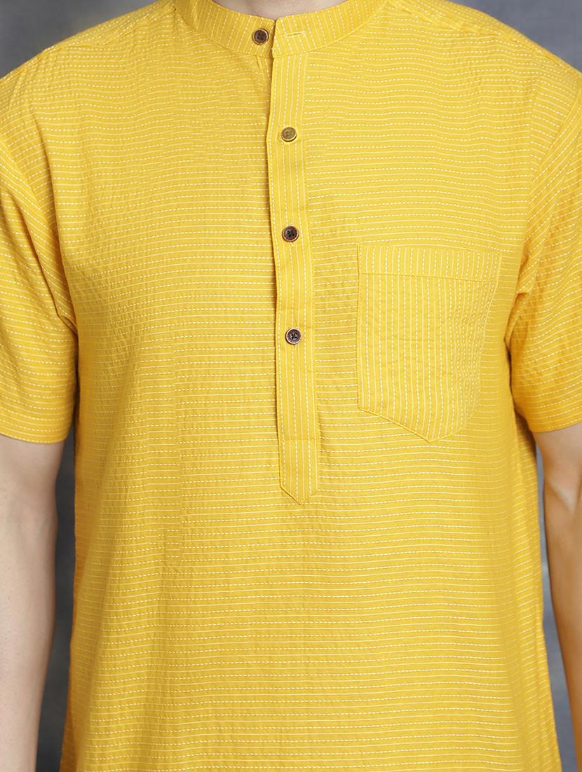 yellow striped printed detailed short kurta - 20961279 - Standard Image - 4