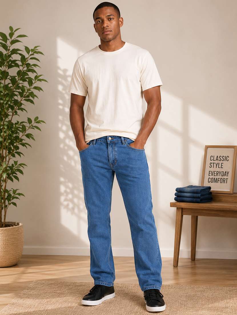 men plain mid rise full length straight jeans
