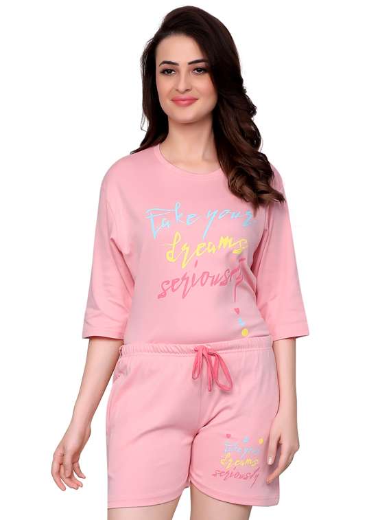 women pink printed detailed top & shorts set - 20961840 -  Standard Image - 1