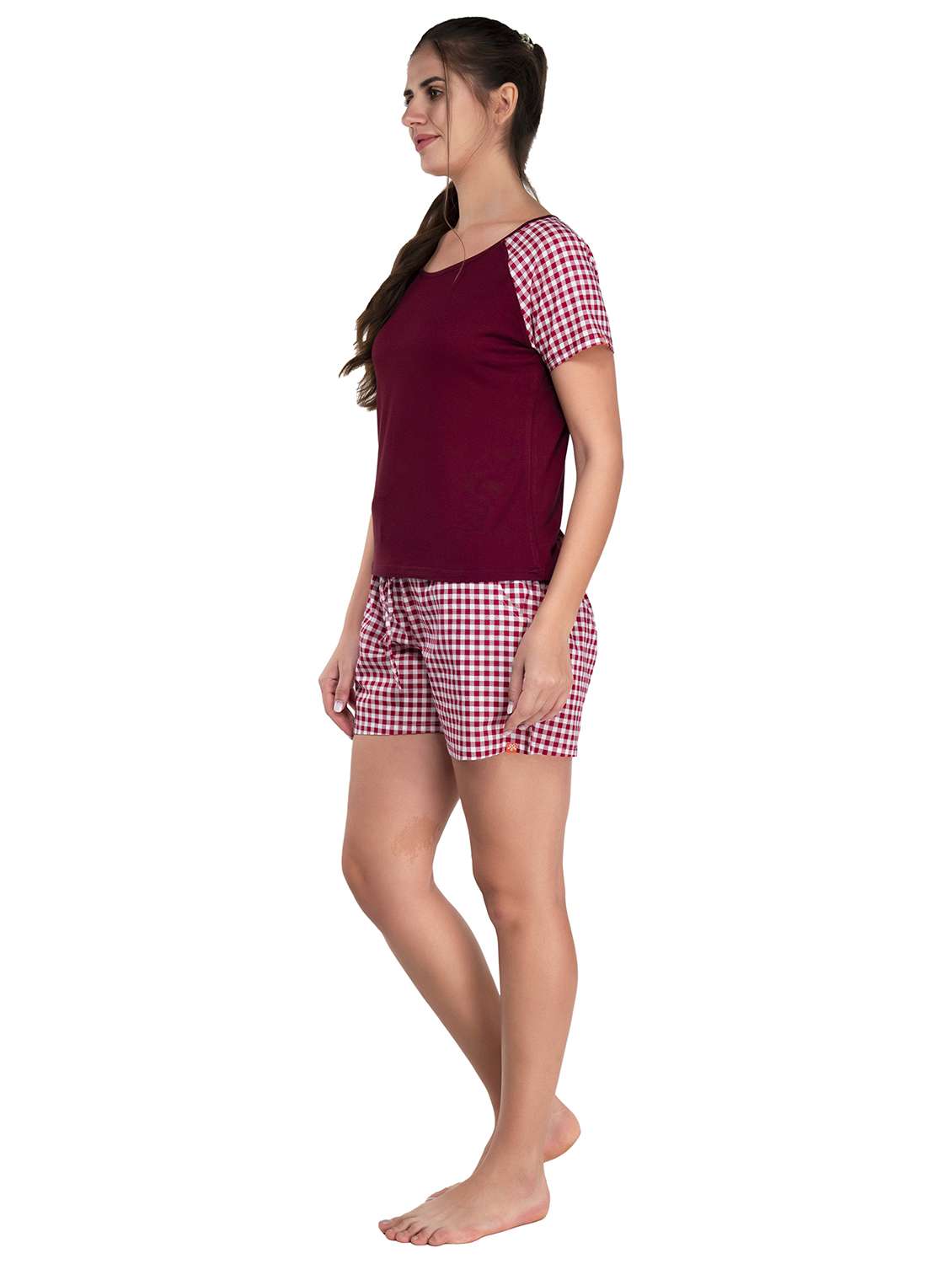 women burgundy checked printed detailed top & shorts set - 20962050 -  Standard Image - 1