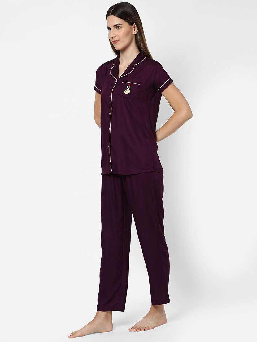 women lapel neck stripes pyjama nightwear set - 20962080 -  Standard Image - 1