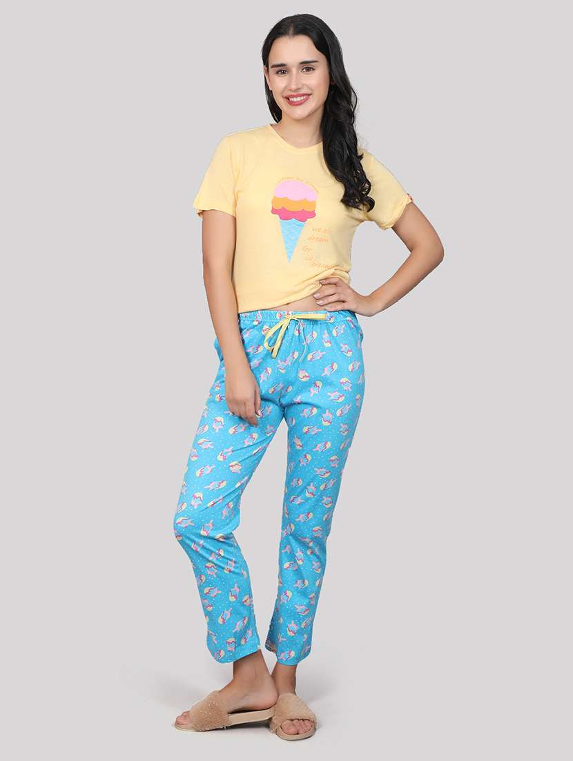 yellow printed detailed top & pyjama set