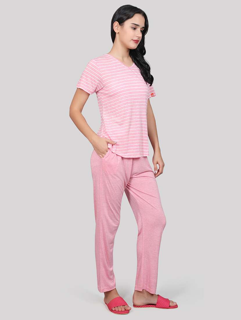 pink striped printed detailed top & pyjama set - 20962106 -  Standard Image - 1
