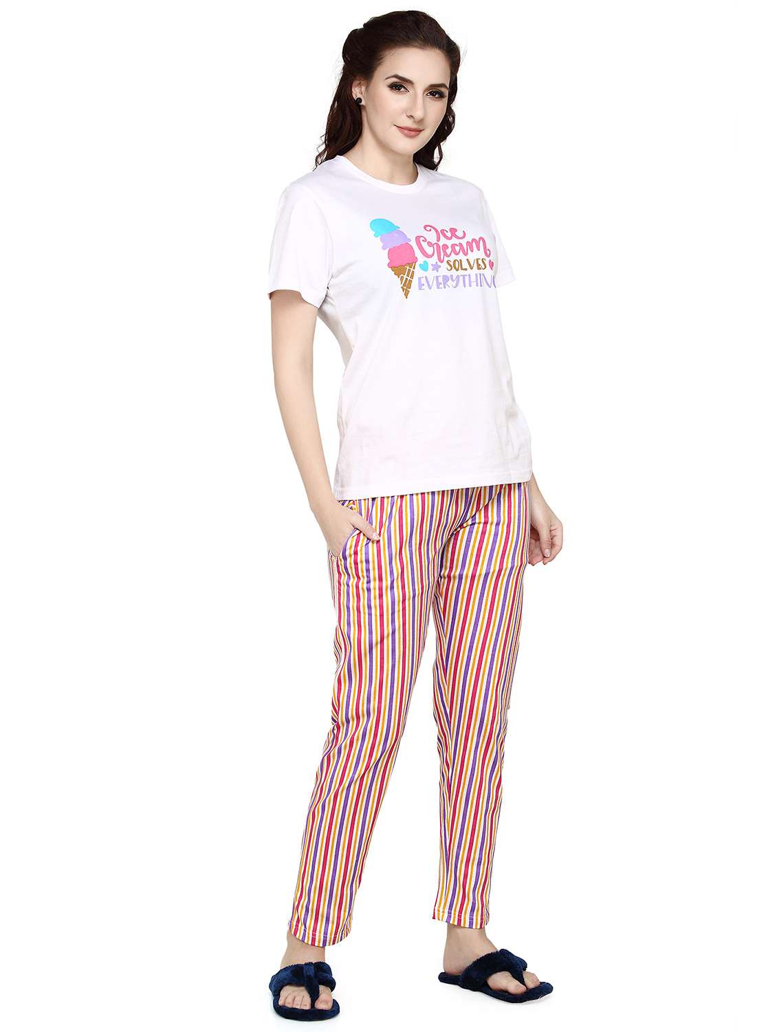 women white printed detailed top & pyjama set - 20962118 -  Standard Image - 1