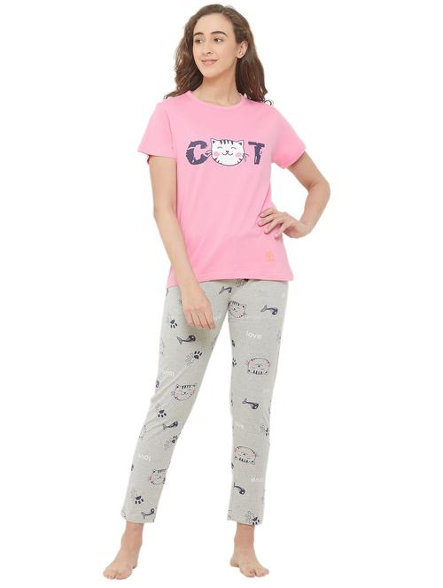 pink & grey printed detailed top & pyjama set - 20962200 -  Standard Image - 0