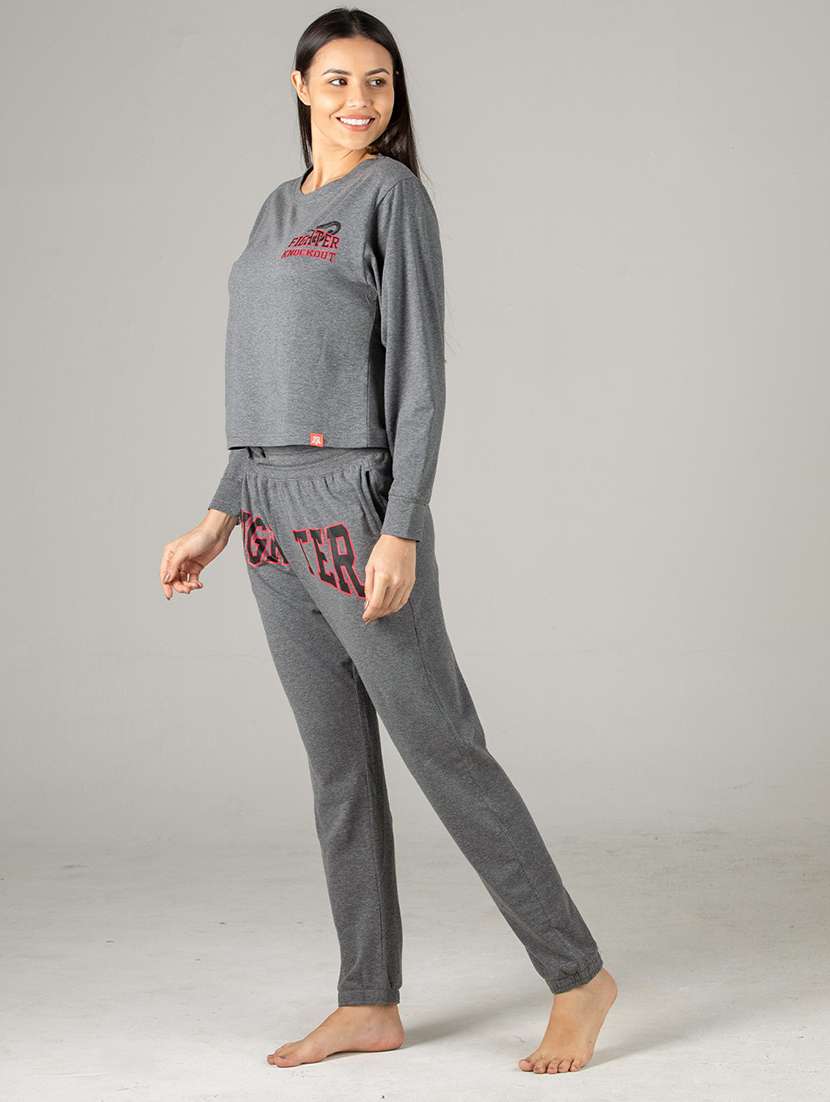 grey printed detailed top & pyjama set - 20962233 -  Standard Image - 1