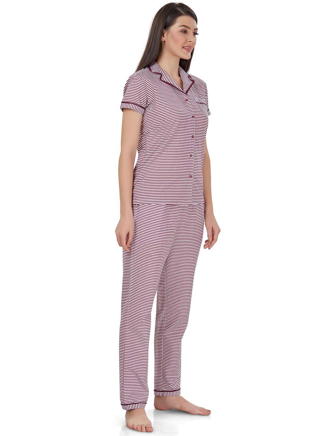women lapel neck printed stripes nightwear set - 20962243 -  Standard Image - 1