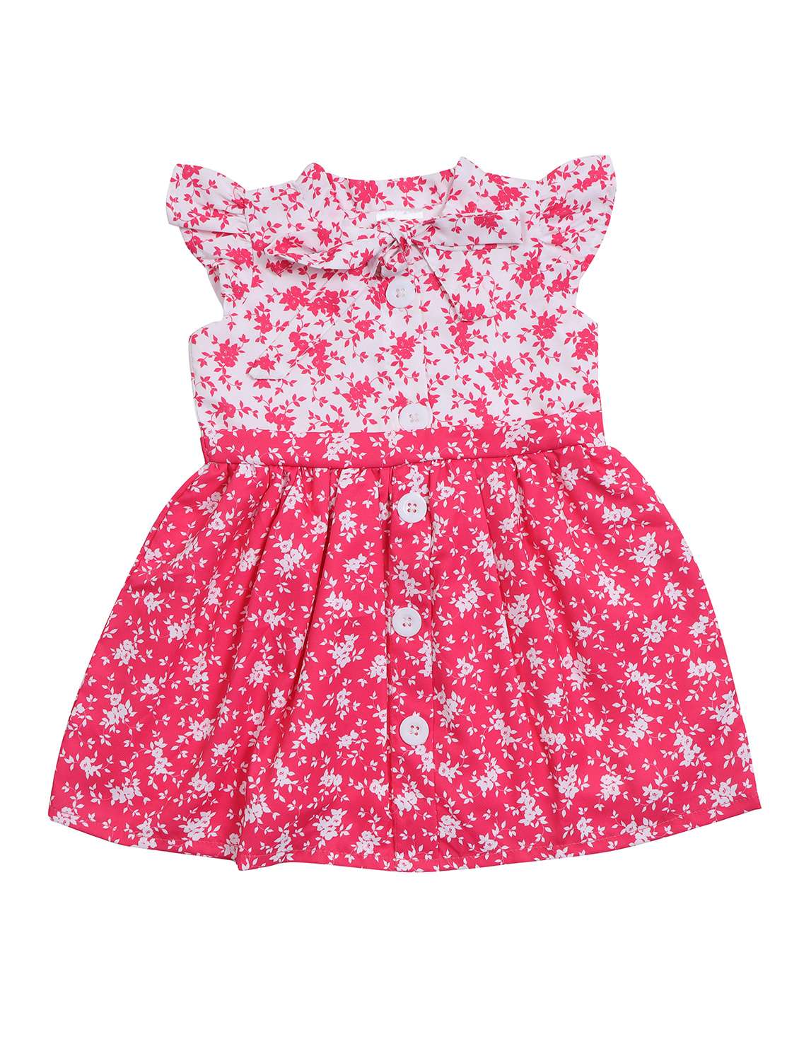pink floral printed tie up neck detailed frock