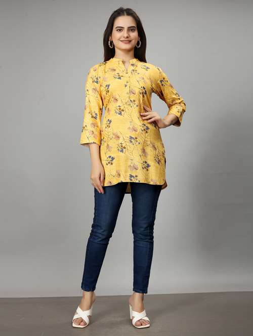 women yellow mandarin neck straight kurti - 20962530 -  Standard Image - 0