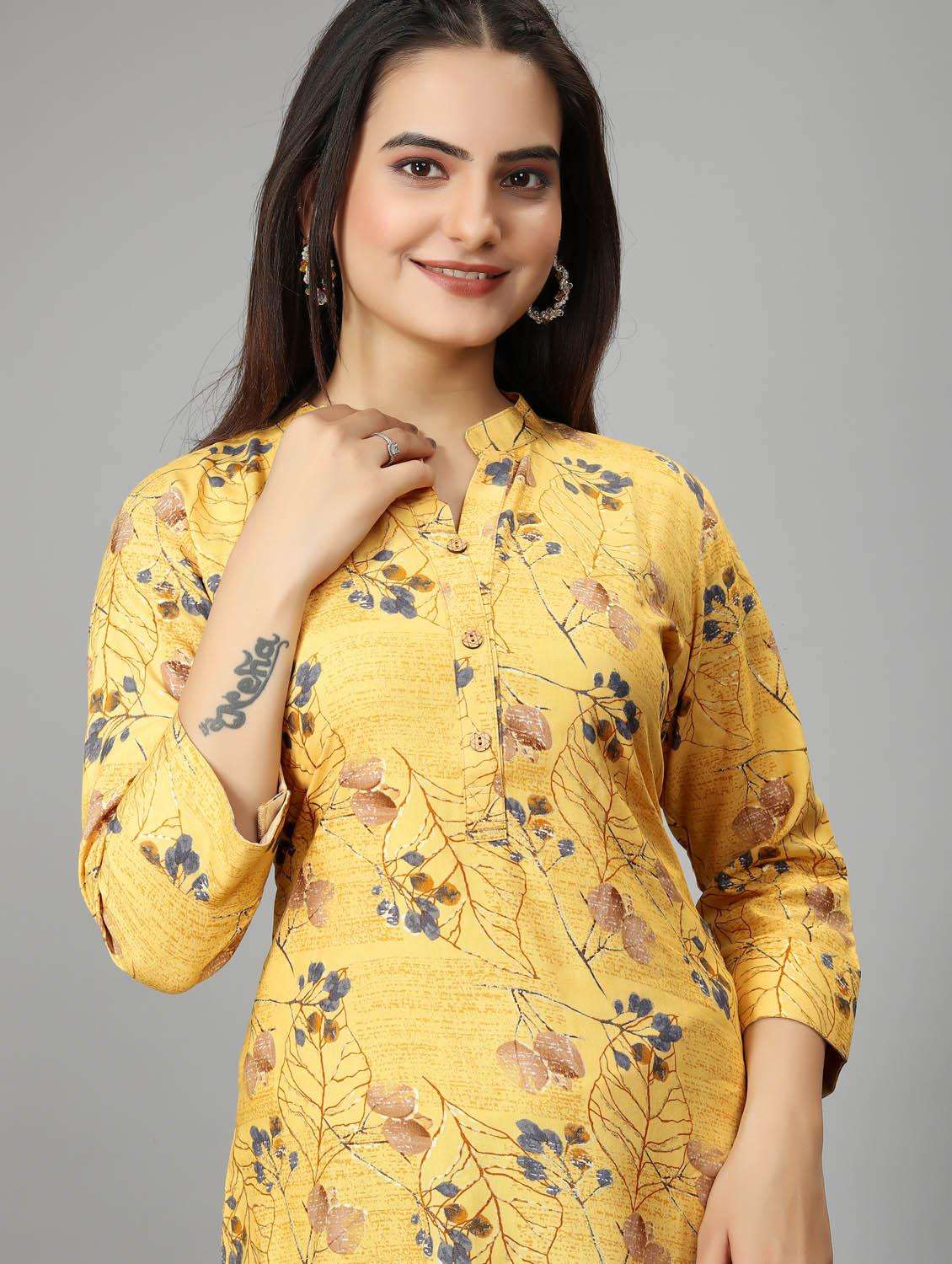 women yellow mandarin neck straight kurti - 20962530 -  Standard Image - 1