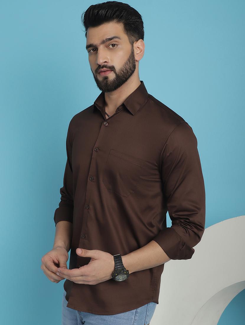 men coffee brown solids casual shirt - 20962790 - Standard Image - 1