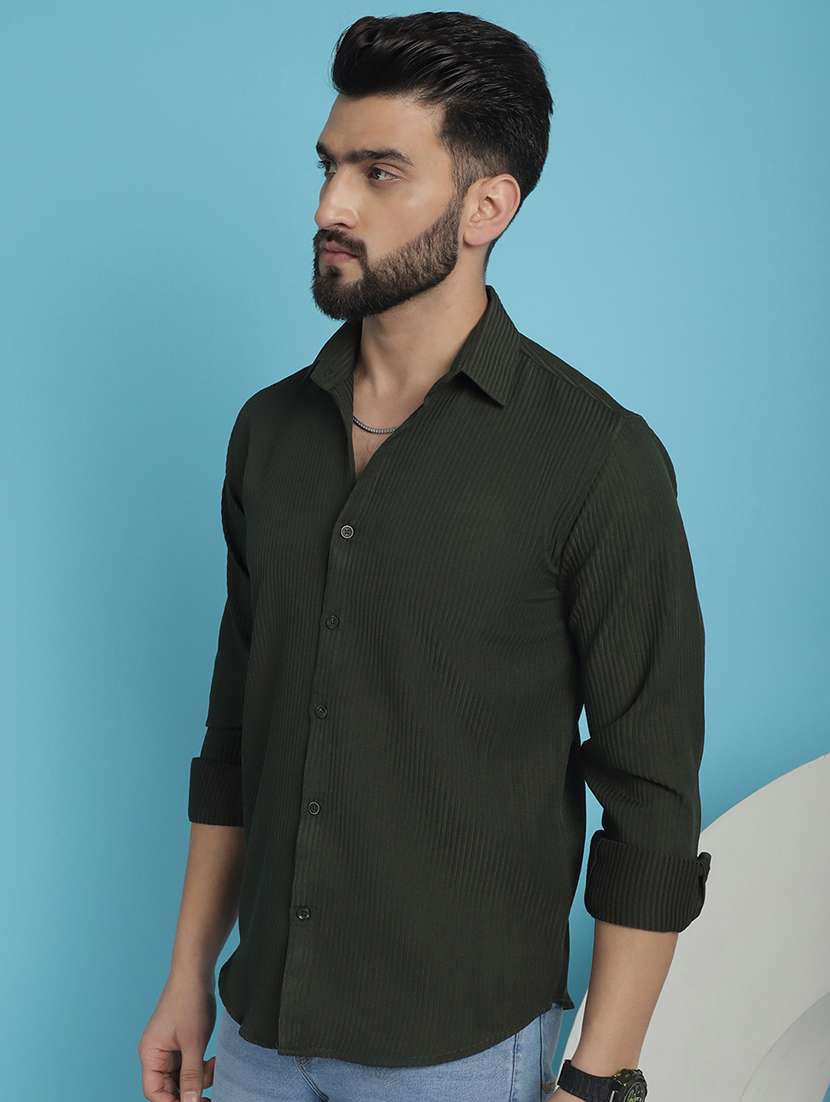 men olive stripes casual shirt - 20962813 -  Standard Image - 1