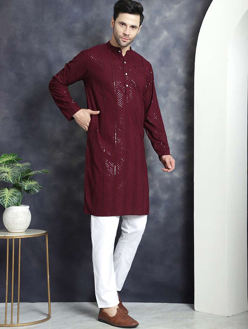 men mandarin neck sequined long kurta
