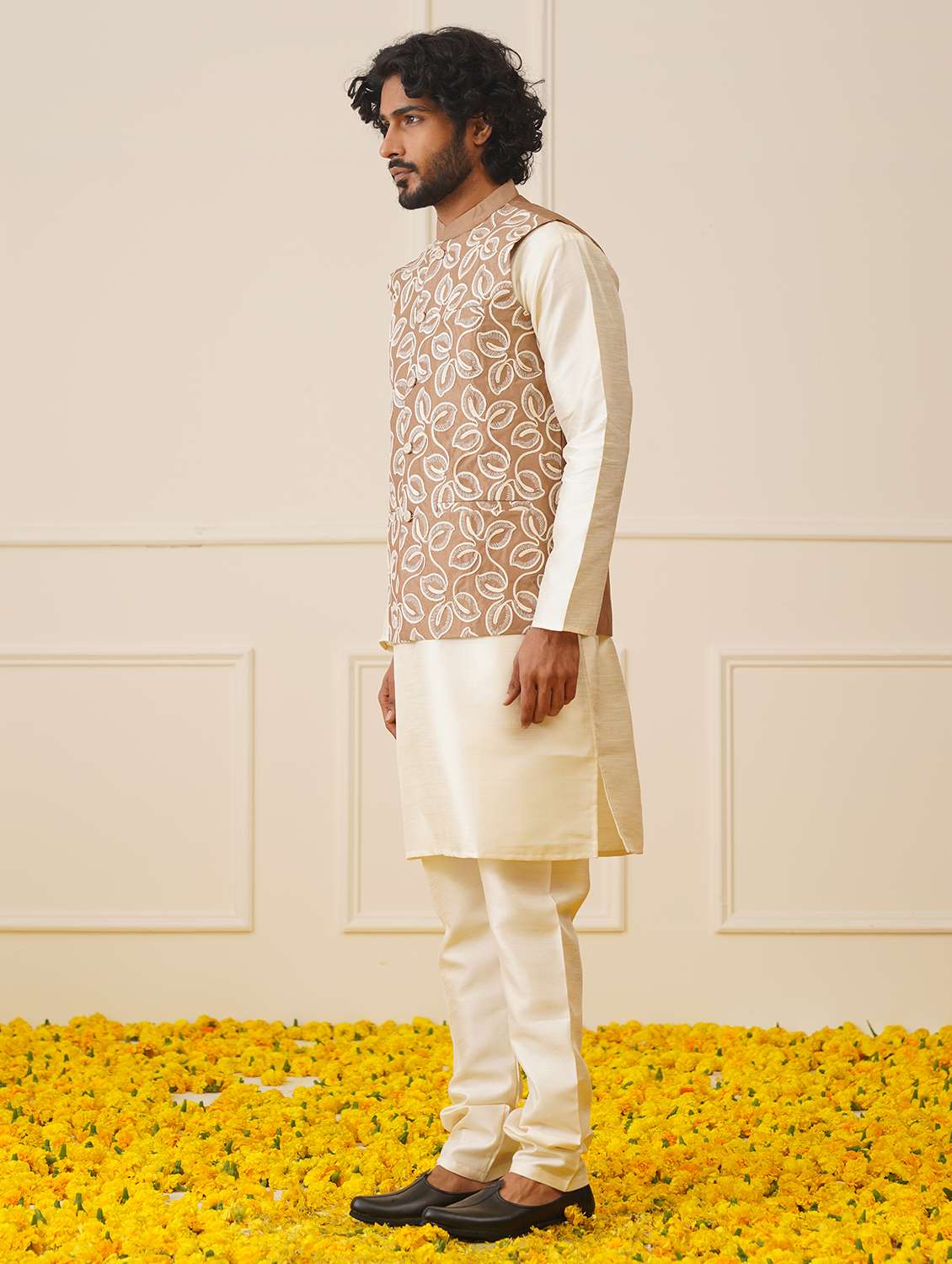 men solid with work sleeveless regular fit nehru jacket - 20963819 -  Standard Image - 1