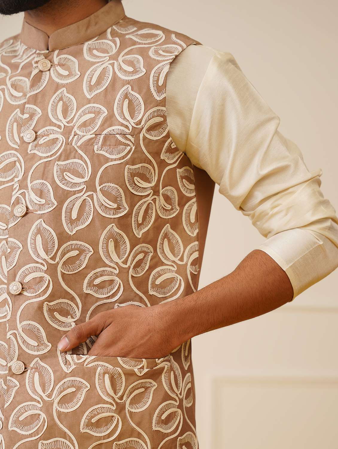 men solid with work sleeveless regular fit nehru jacket - 20963819 -  Standard Image - 4