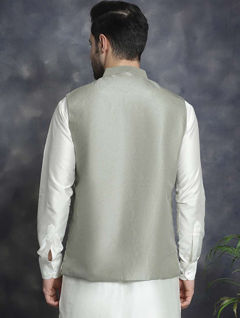 men solid with work sleeveless regular fit nehru jacket - 20963820 -  Standard Image - 4