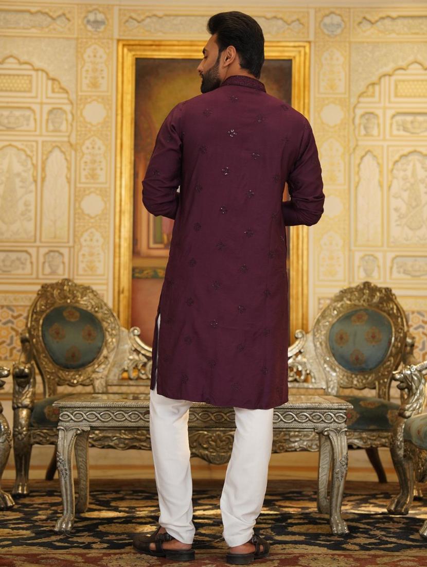 men mandarin neck embroidered long kurta - 20963849 - Standard Image - 4