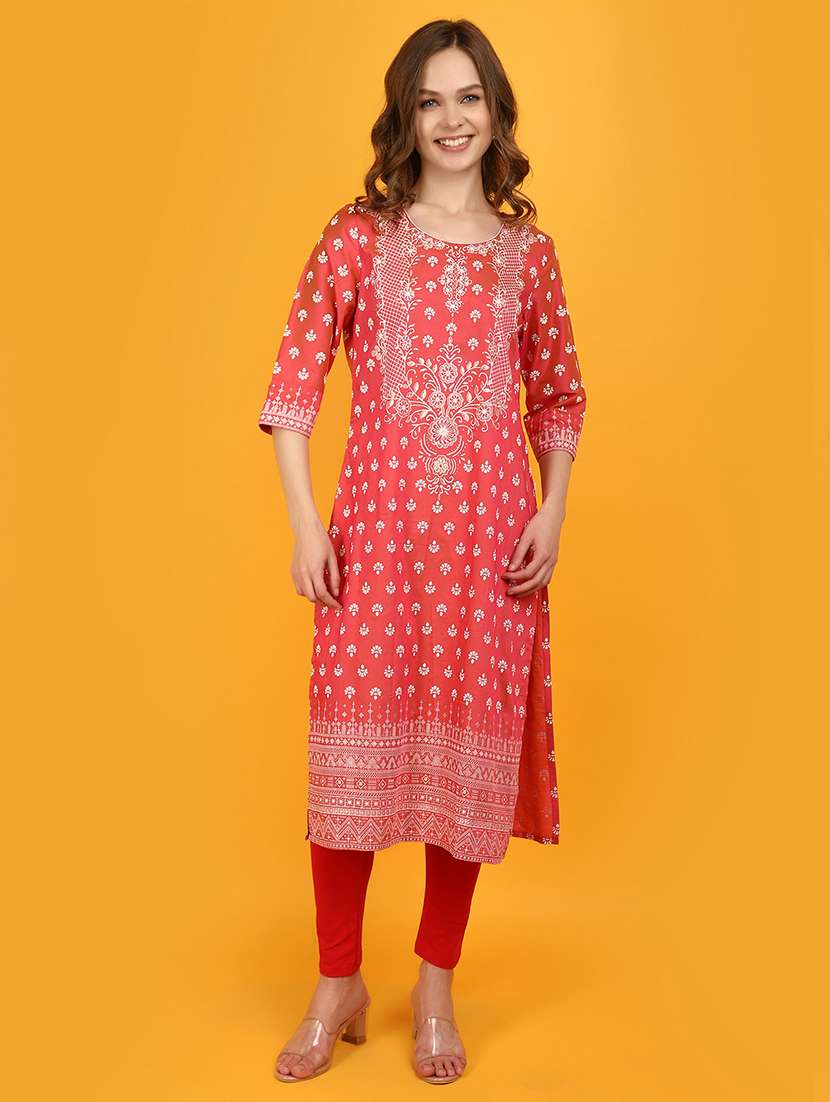 women coral round neck straight kurta