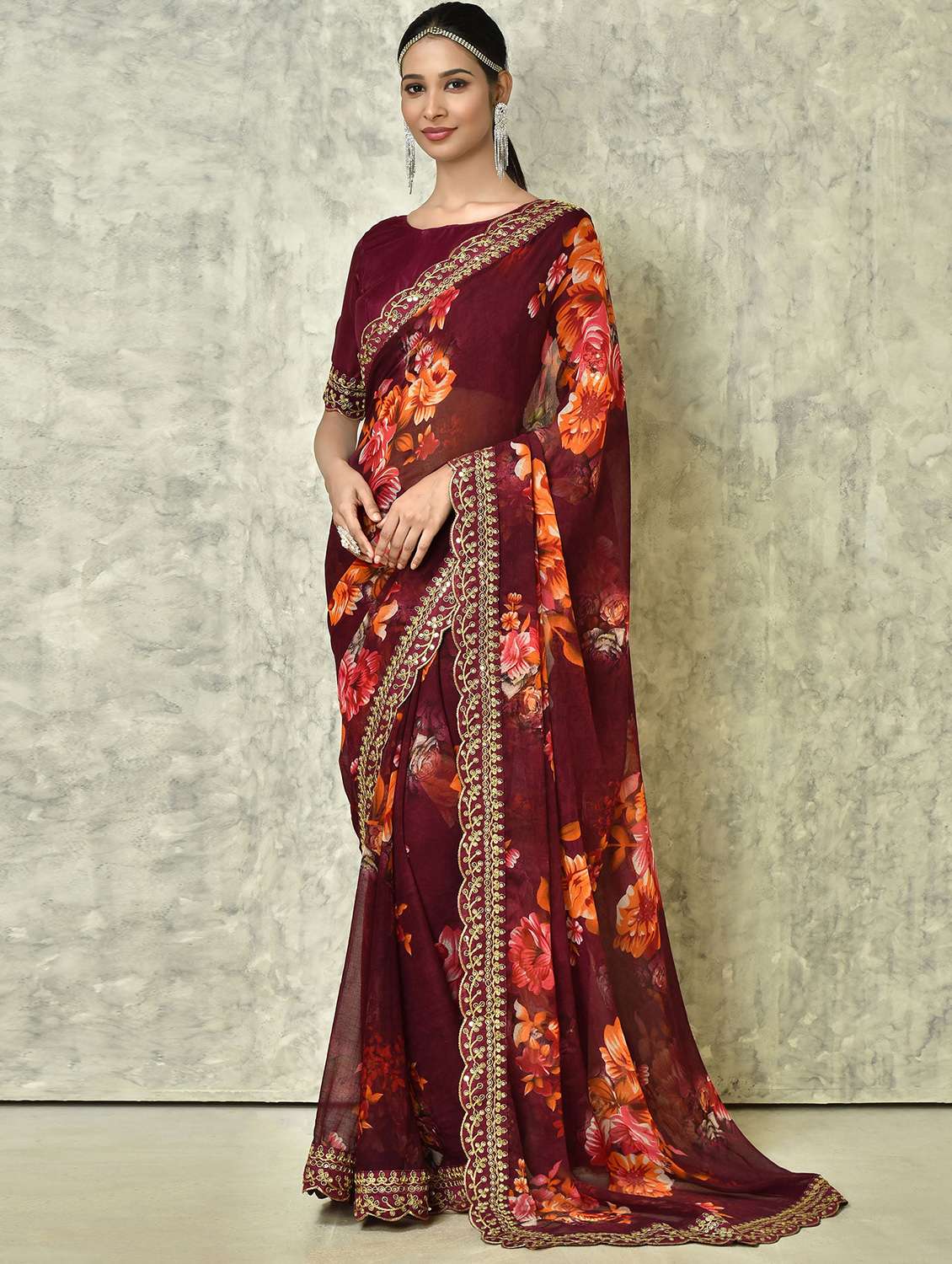 floral printed saree with lace border with blouse