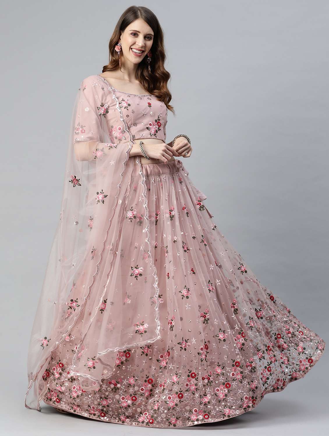 women peach semi-stitched lehenga choli with dupatta