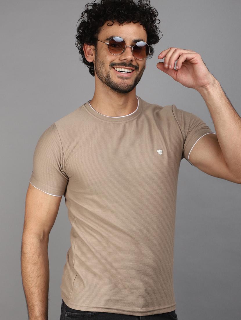 khaki cotton blend solid t-shirt - 20965846 -  Standard Image - 1