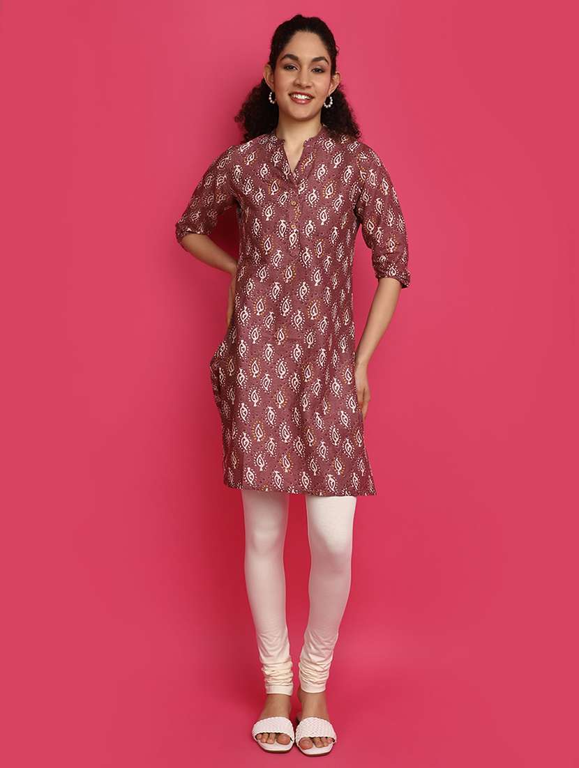 women mauve mandarin neck straight kurti
