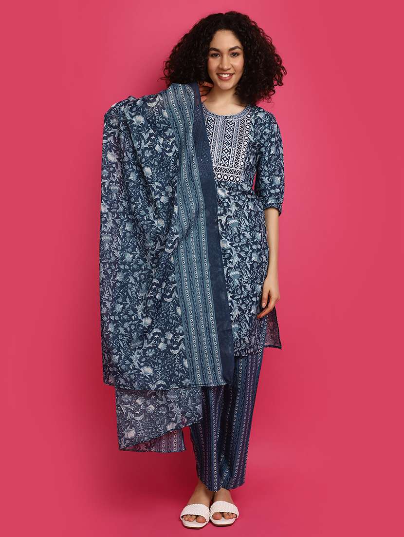 women blue kurta pant set with dupatta