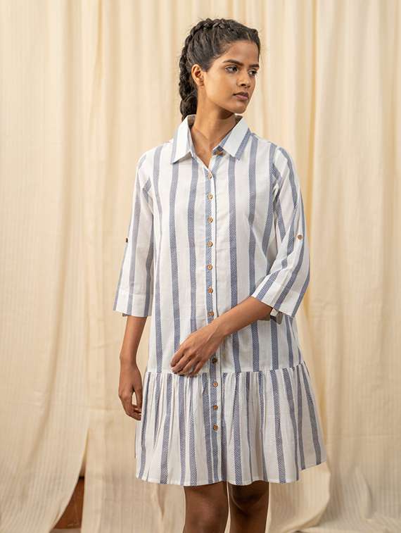 white striped printed detailed dress