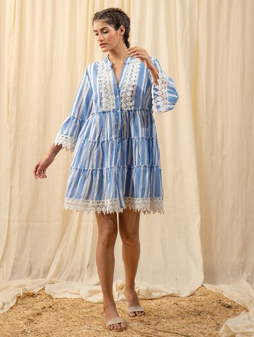 women blue mandarin neck tiered dress - 20966077 -  Standard Image - 0