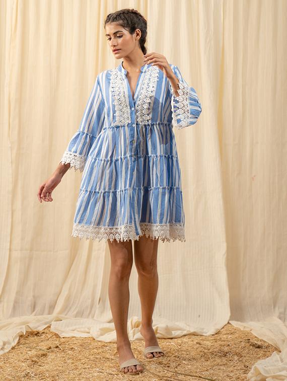 women blue mandarin neck tiered dress - 20966077 -  Zoom Image - 0