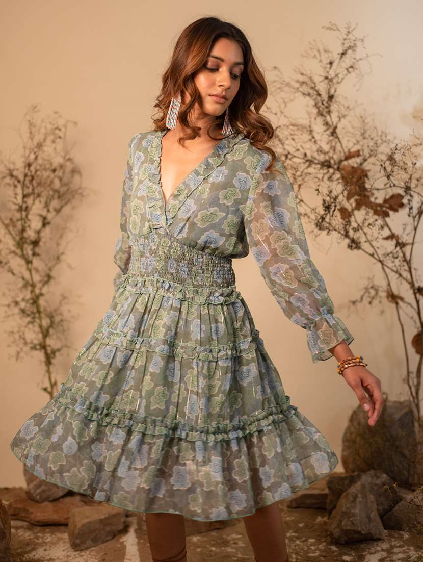 green floral printed ruffle detailed dress