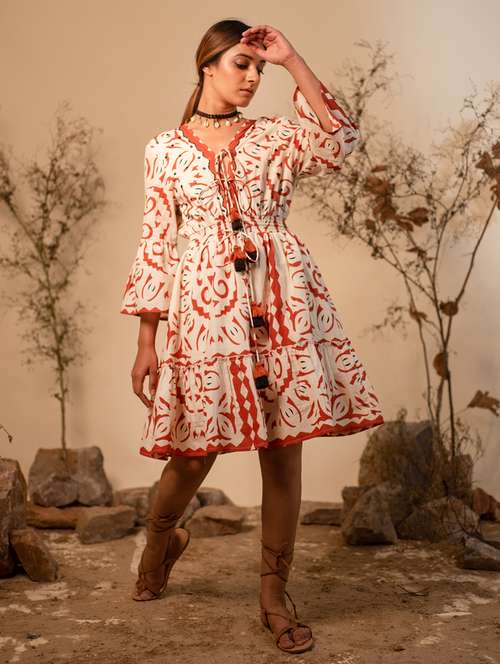 women beige v neck fit & flare dress - 20966099 - Standard Image - 0