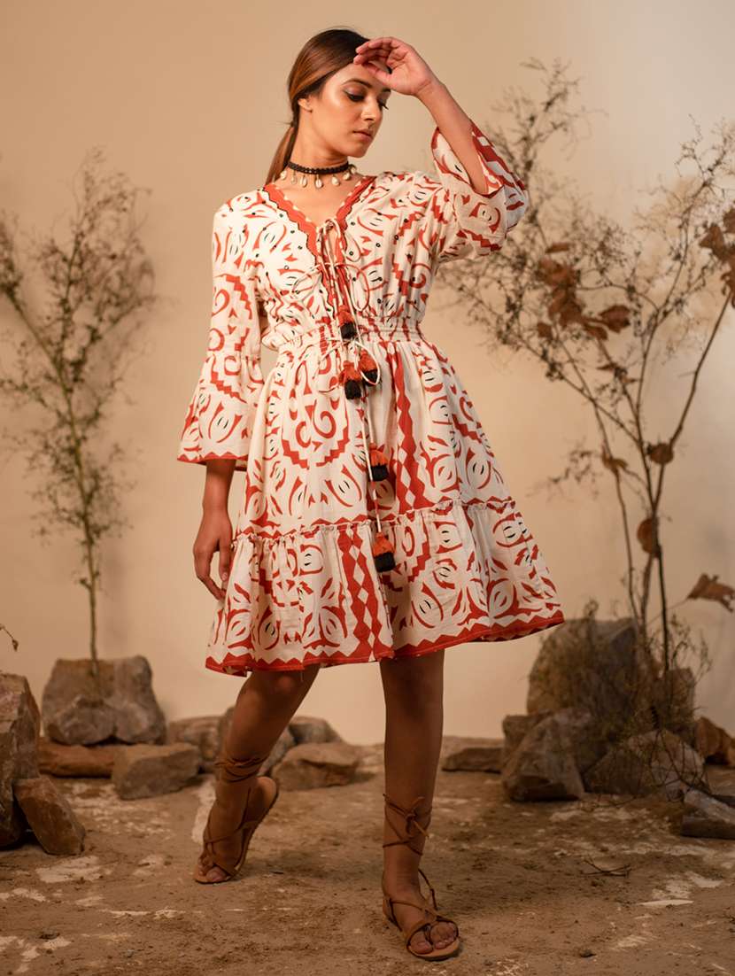 women beige v neck fit & flare dress - 20966099 - Zoom Image - 0