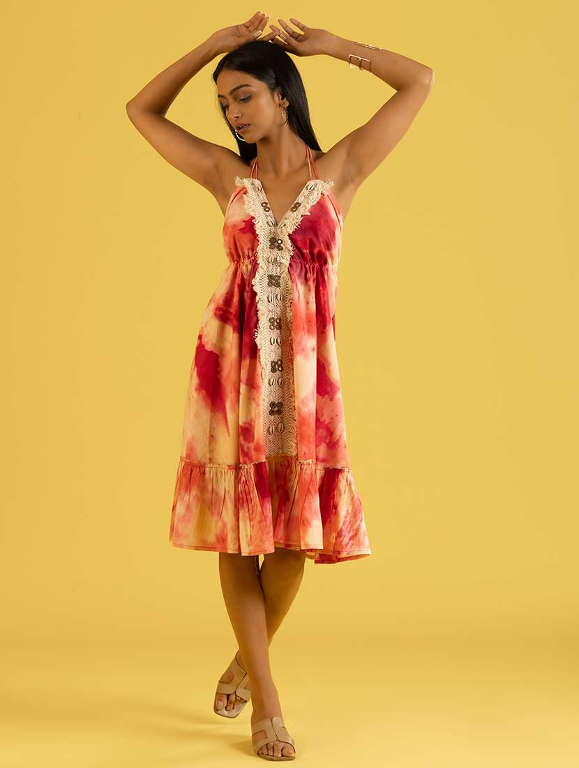 women pink v neck fit & flare dress